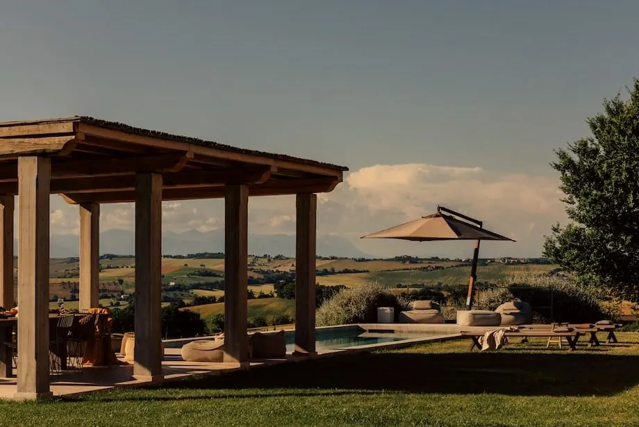 The pool and pavilion, with the mountains beyond